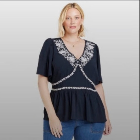 NWT Knox Rose 4X Boho Top Navy Blue White Embroidered V Neck - Picture 1 of 12